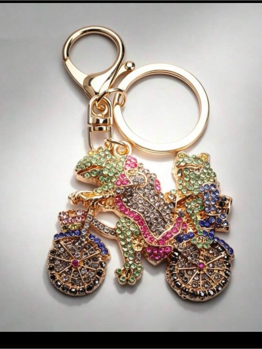 Gold Multicolor Crystal Frog Motorcycle Keychain - Women's Accessory